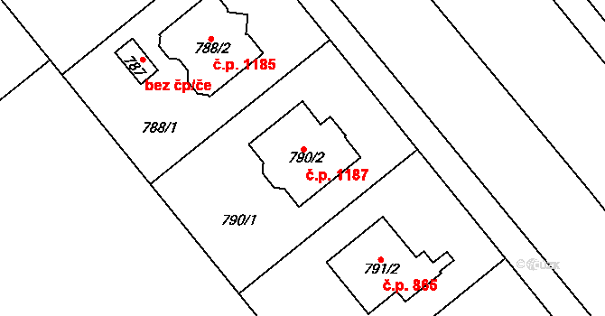 Kunratice 1187, Praha na parcele st. 790/2 v KÚ Kunratice, Katastrální mapa