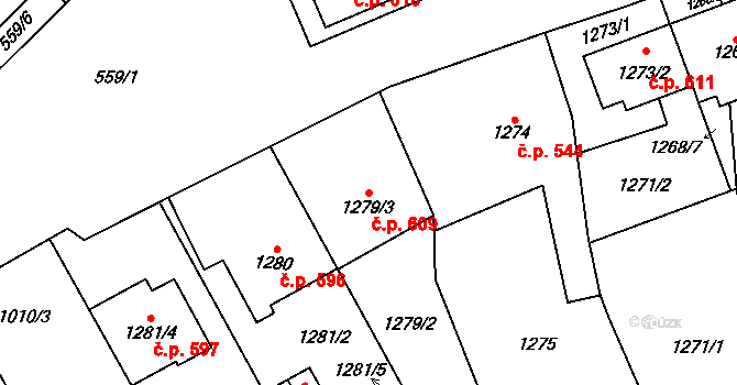 Těšice 609, Mikulčice na parcele st. 1279/3 v KÚ Mikulčice, Katastrální mapa