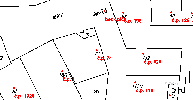 Černice 74, Plzeň na parcele st. 21 v KÚ Černice, Katastrální mapa