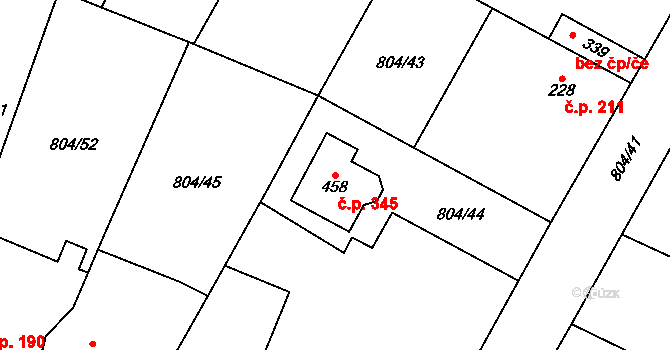 Ostřešany 345 na parcele st. 458 v KÚ Ostřešany, Katastrální mapa