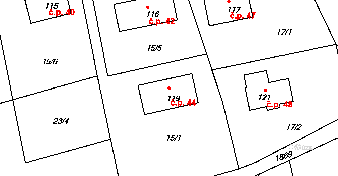 Jaronice 44, Dubné na parcele st. 119 v KÚ Jaronice, Katastrální mapa
