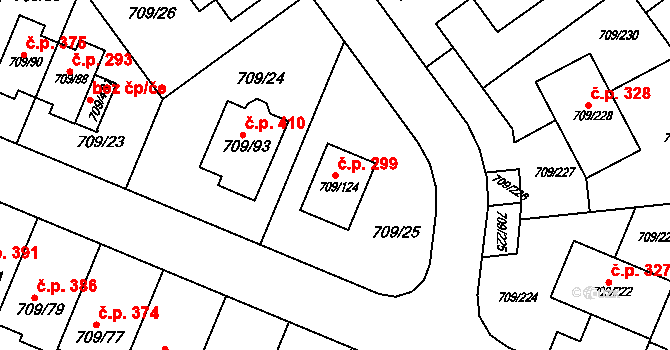 Popůvky 299 na parcele st. 709/124 v KÚ Popůvky u Brna, Katastrální mapa