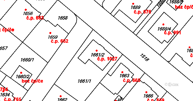 Jemnice 1027 na parcele st. 1661/2 v KÚ Jemnice, Katastrální mapa