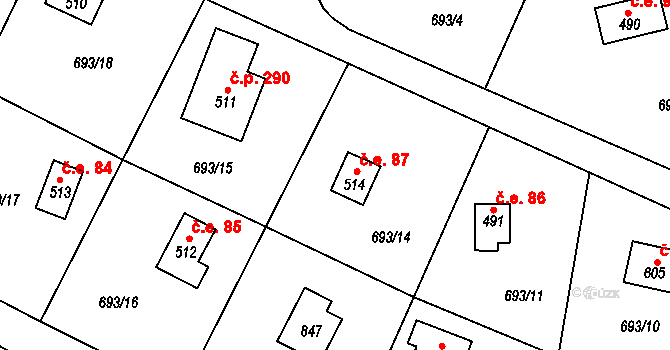Struhařov 87 na parcele st. 514 v KÚ Struhařov u Mnichovic, Katastrální mapa