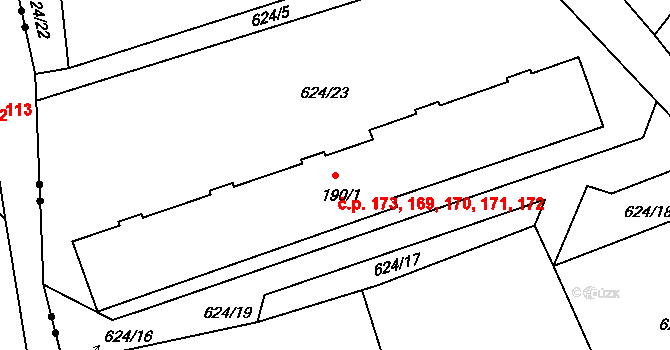 Martiněves 169,170,171,172,173, Jílové na parcele st. 190/1 v KÚ Martiněves u Děčína, Katastrální mapa