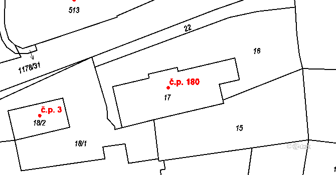 Kyjovice 180 na parcele st. 17 v KÚ Kyjovice ve Slezsku, Katastrální mapa