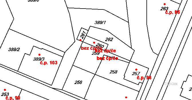 Velký Týnec 47160543 na parcele st. 259 v KÚ Čechovice, Katastrální mapa