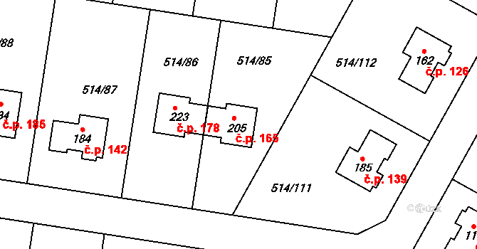 Kozinec 165, Holubice na parcele st. 205 v KÚ Kozinec, Katastrální mapa