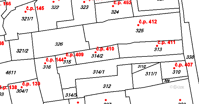 Třešť 410 na parcele st. 314/2 v KÚ Třešť, Katastrální mapa