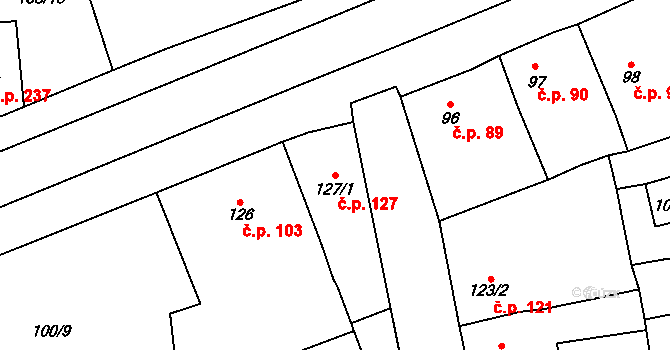 Rudná 127 na parcele st. 127/1 v KÚ Dušníky u Rudné, Katastrální mapa