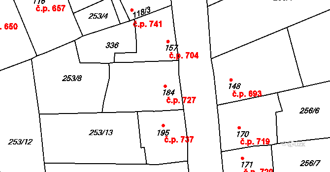 Rudná 727 na parcele st. 184 v KÚ Hořelice, Katastrální mapa