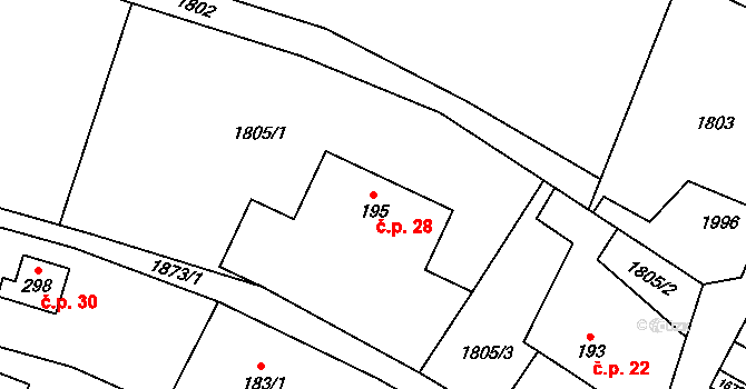 Heltínov 28, Luboměř na parcele st. 195 v KÚ Luboměř, Katastrální mapa