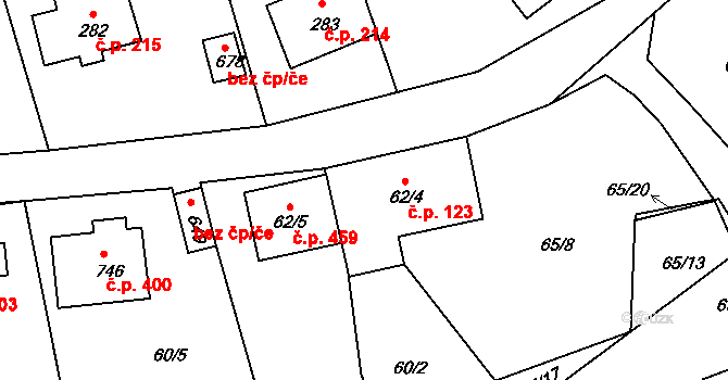 Vyšší Brod 123 na parcele st. 62/4 v KÚ Vyšší Brod, Katastrální mapa