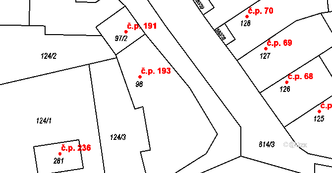 Telce 193, Peruc na parcele st. 98 v KÚ Telce, Katastrální mapa