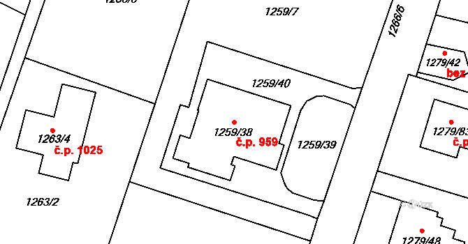 Dobruška 959 na parcele st. 1259/38 v KÚ Dobruška, Katastrální mapa
