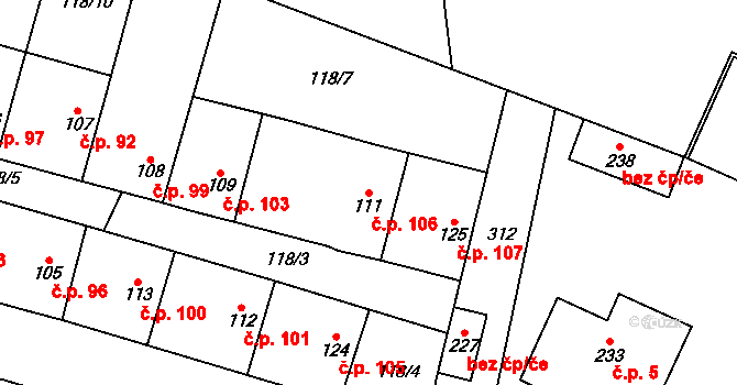 Hospozín 106 na parcele st. 111 v KÚ Hospozín, Katastrální mapa