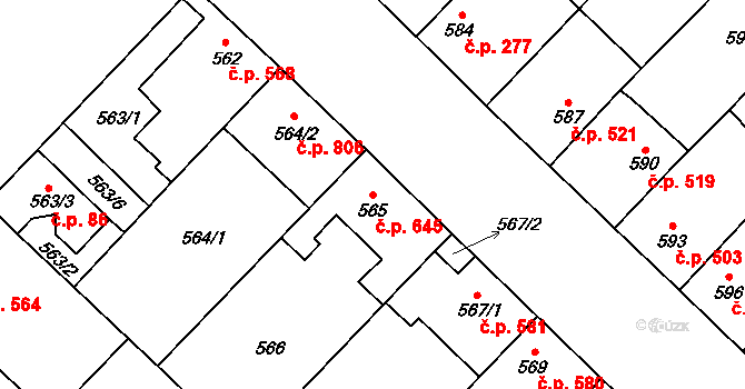 Lužice 645 na parcele st. 565 v KÚ Lužice u Hodonína, Katastrální mapa