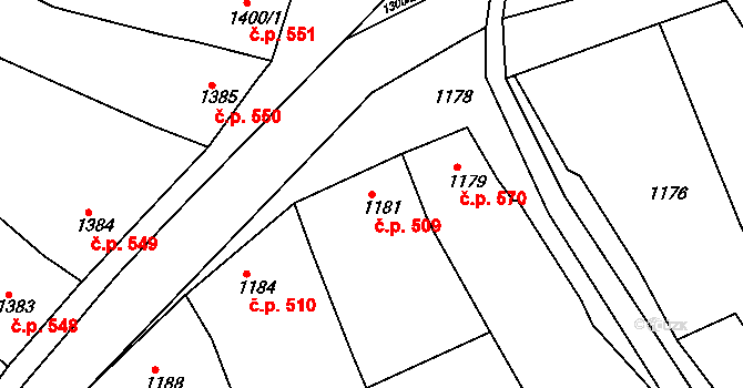 Rousínovec 509, Rousínov na parcele st. 1181 v KÚ Rousínov u Vyškova, Katastrální mapa