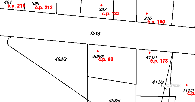 Mochov 86 na parcele st. 408/3 v KÚ Mochov, Katastrální mapa