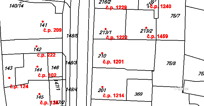 Švermov 1201, Kladno na parcele st. 210 v KÚ Hnidousy, Katastrální mapa