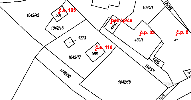 Loutí 116, Rabyně na parcele st. 588 v KÚ Rabyně, Katastrální mapa