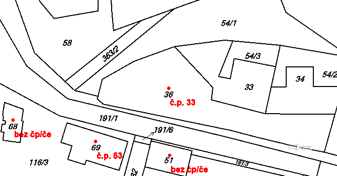 Lužce 33 na parcele st. 36 v KÚ Lužce, Katastrální mapa