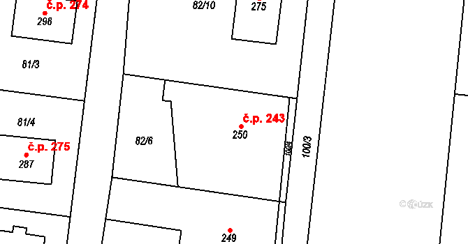 Sokoleč 243 na parcele st. 250 v KÚ Sokoleč, Katastrální mapa