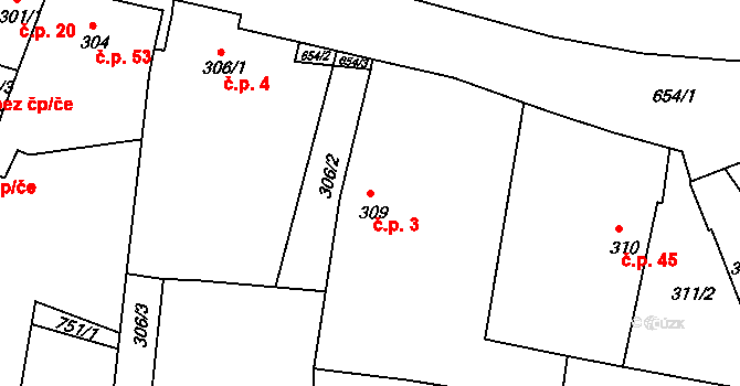 Nedabyle 3 na parcele st. 309 v KÚ Nedabyle, Katastrální mapa