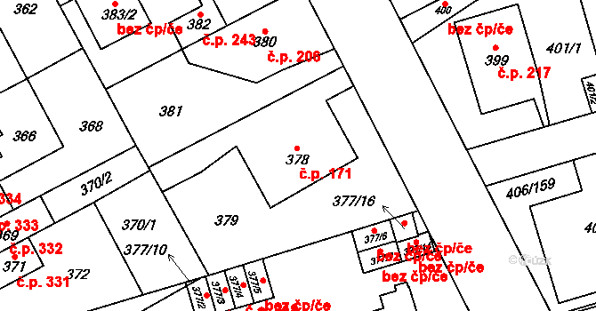 Letňany 171, Praha na parcele st. 378 v KÚ Letňany, Katastrální mapa