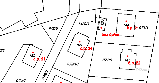 Prosenice 24, Prosenická Lhota na parcele st. 165 v KÚ Prosenická Lhota, Katastrální mapa