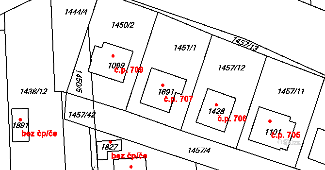 Rožmitál pod Třemšínem 707 na parcele st. 1691 v KÚ Rožmitál pod Třemšínem, Katastrální mapa