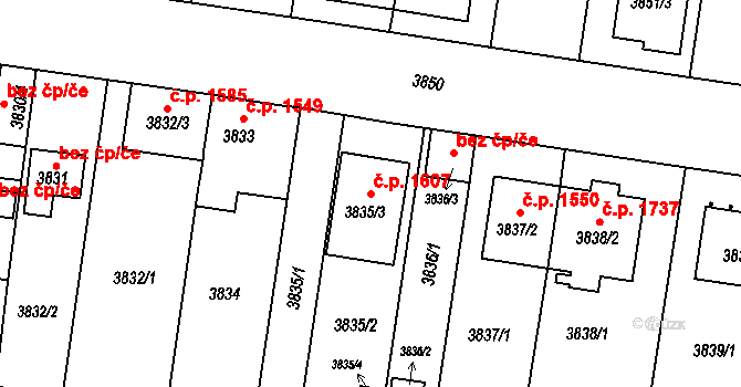 České Budějovice 7 1607, České Budějovice na parcele st. 3835/3 v KÚ České Budějovice 7, Katastrální mapa