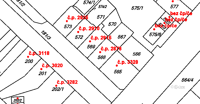Chomutov 2878 na parcele st. 568 v KÚ Chomutov II, Katastrální mapa