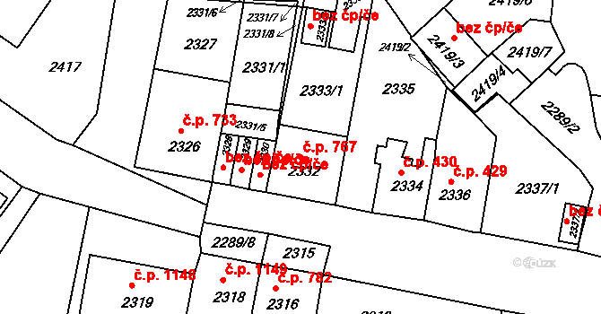 Jirkov 767 na parcele st. 2332 v KÚ Jirkov, Katastrální mapa