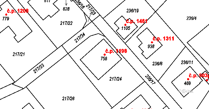 Rudná 1198 na parcele st. 758 v KÚ Hořelice, Katastrální mapa