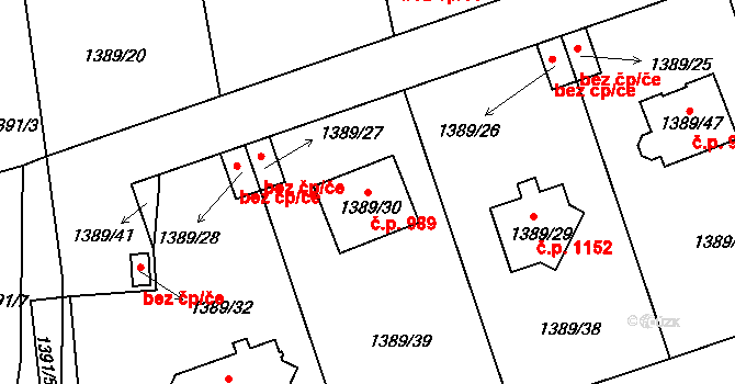 Karlík 989 na parcele st. 1389/30 v KÚ Karlík, Katastrální mapa