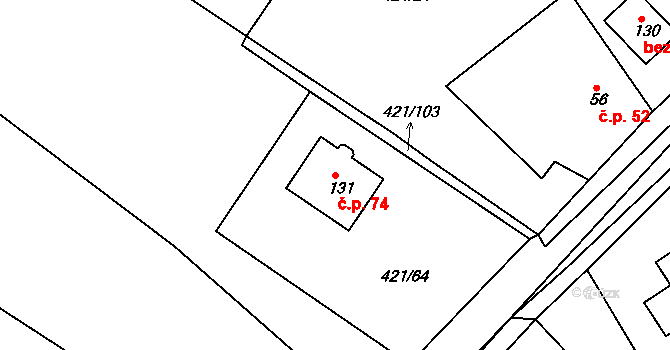 Raková 74 na parcele st. 131 v KÚ Raková u Rokycan, Katastrální mapa