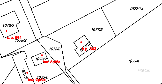 Planá nad Lužnicí 843 na parcele st. 1077/15 v KÚ Planá nad Lužnicí, Katastrální mapa