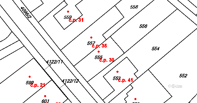 Plechy 30, Nový Malín na parcele st. 555 v KÚ Nový Malín, Katastrální mapa