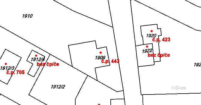 Rapotín 443 na parcele st. 1909 v KÚ Rapotín, Katastrální mapa