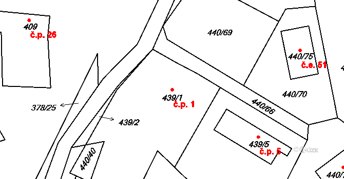 Slupečná 1, Lipno nad Vltavou na parcele st. 439/1 v KÚ Lipno nad Vltavou, Katastrální mapa