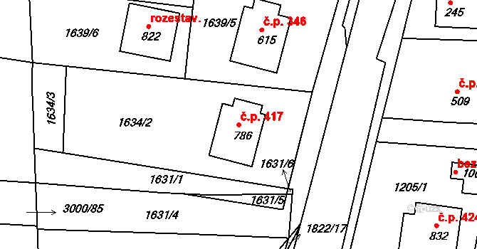 Velešín 417 na parcele st. 786 v KÚ Velešín, Katastrální mapa