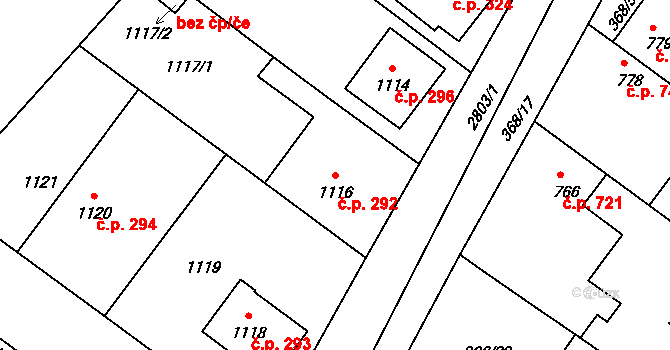 Rychlov 292, Bystřice pod Hostýnem na parcele st. 1116 v KÚ Rychlov u Bystřice pod Hostýnem, Katastrální mapa