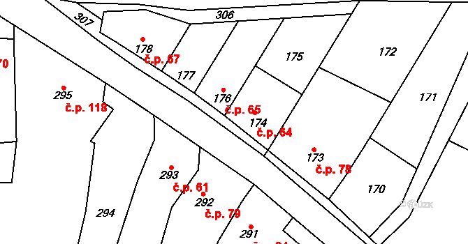 Tvorovice 64 na parcele st. 174 v KÚ Tvorovice, Katastrální mapa