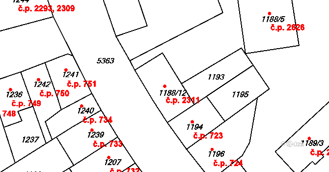 Znojmo 2311 na parcele st. 1188/12 v KÚ Znojmo-město, Katastrální mapa