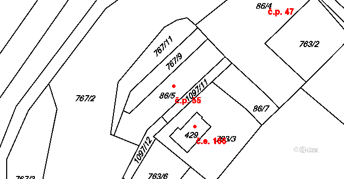 Tyra 55, Třinec na parcele st. 86/5 v KÚ Tyra, Katastrální mapa