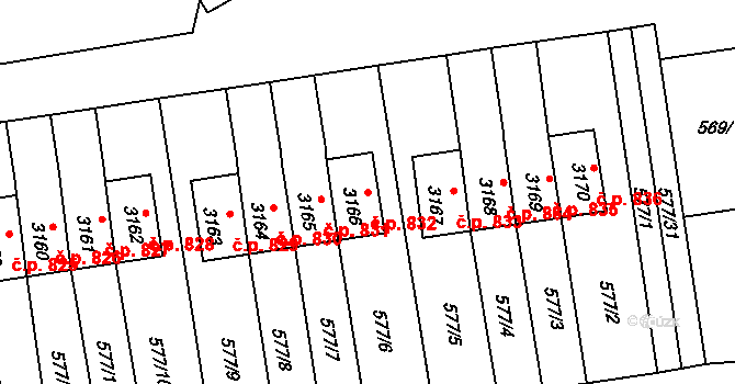 Lyžbice 832, Třinec na parcele st. 3166 v KÚ Lyžbice, Katastrální mapa