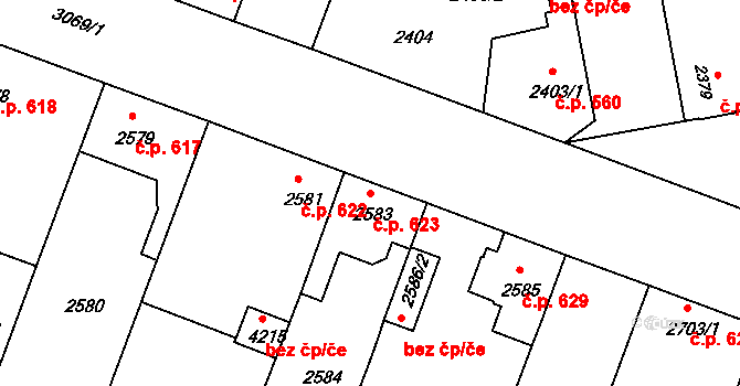 Čelákovice 623 na parcele st. 2583 v KÚ Čelákovice, Katastrální mapa
