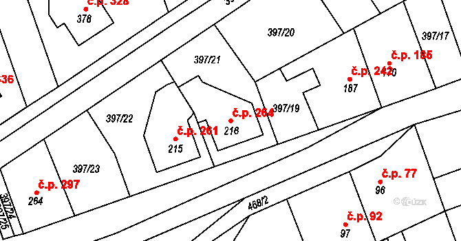 Horoměřice 264 na parcele st. 216 v KÚ Horoměřice, Katastrální mapa