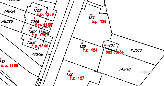 Jesenice 124 na parcele st. 129 v KÚ Jesenice u Prahy, Katastrální mapa